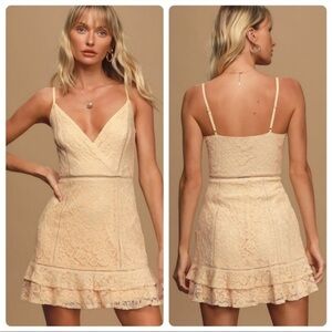 NWT Lulu's Beige Sweet Like Candy Lace Ruffled Mini Dress, Size Medium